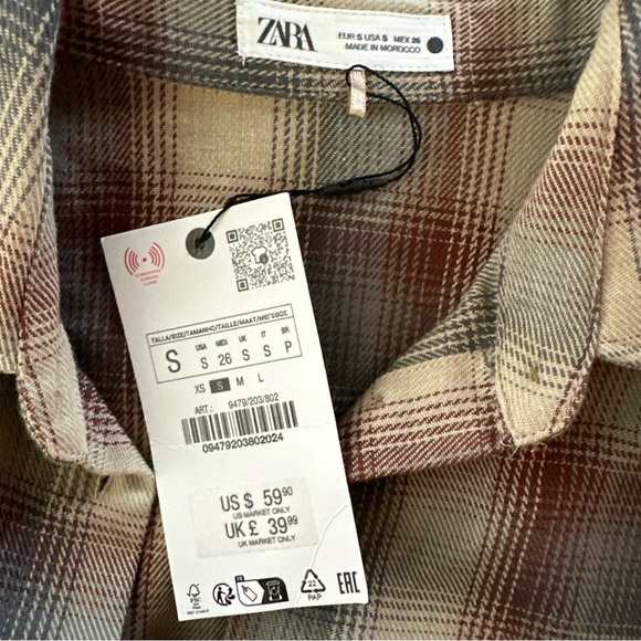 Zara Women’s Small Top Plaid Check Brown Collard Button Up Shirt Padded Western - Picture 11 of 15